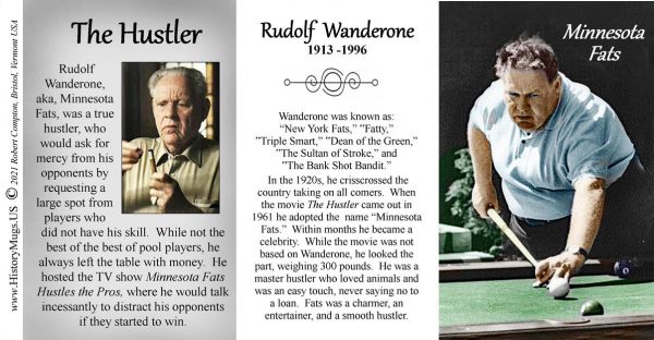 Minnesota Fats, Rudolf Wanderone, billiards biographical history mug tri-panel.