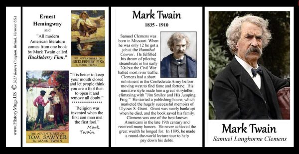 Mark Twain, American author biographical history mug tri-panel.