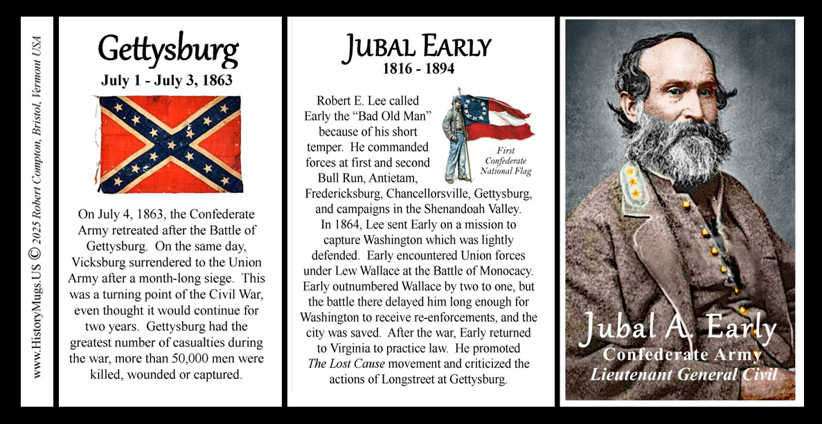 Jubal Early, Battle of Gettysburg biographical history mug tri-panel. Jubal Early, Battle of Gettysburg biographical history mug tri-panel.