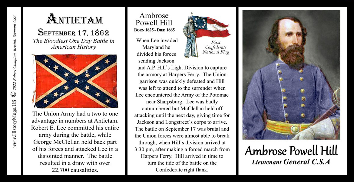 A.P. Hill, Battle of Antietam biographical history mug tri-panel. A.P. Hill, Battle of Antietam biographical history mug tri-panel.