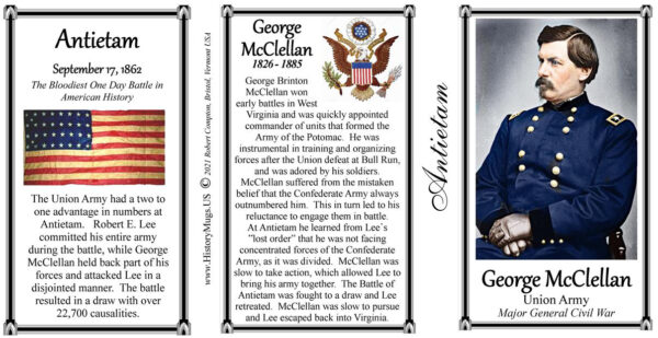 George McClellan, Antietam biographical history mug tri-panel.