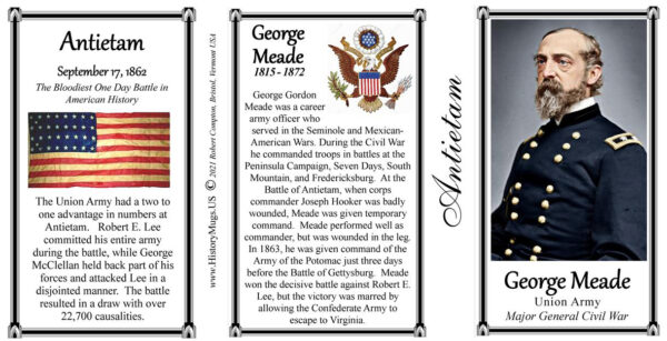 George Meade, Antietam biographical history mug tri-panel.