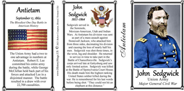 John Sedgwick, Antietam biographical history mug tri-panel.