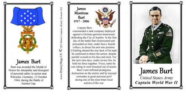 James Burt, Captain U.S. Army, Medal of Honor recipient, World War II, biographical history mug tri-panel.