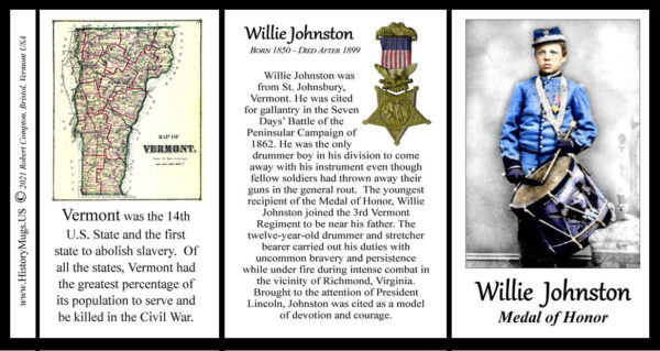 Willie Johnston, Medal of Honor recipient, Vermont biographical history mug tri-panel.