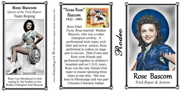 Texas Rose Bascom, Trick Roper and actress biographical history mug tri-panel.