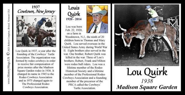 Louis Quirk, pro-rodeo cowboy biographical history mug tri-panel.