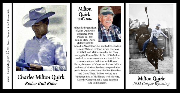 Milton Quirk, pro-rodeo biographical history mug tri-panel.