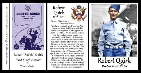 Robert Quirk, pro-rodeo biographical history mug tri-panel.