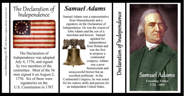 Samuel Adams, Declaration of Independence signatory biographical history mug tri-panel.