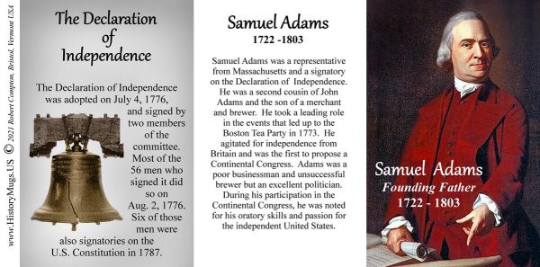 Samuel Adams, Declaration of Independence signatory biographical history mug tri-panel.