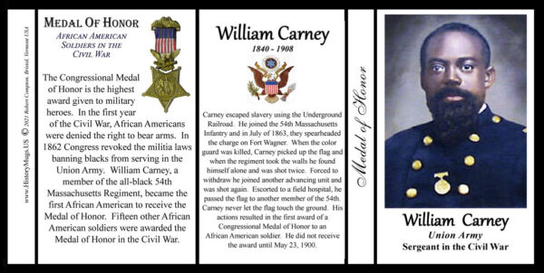 William Carney, Civil War Medal of Honor recipient biographical history mug tri-panel.
