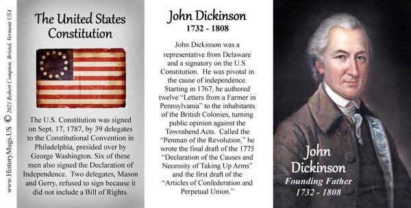 John Dickinson, US Constitution signatory biographical history mug tri-panel.