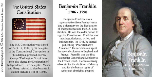 Benjamin Franklin, US Constitution signatory biographical history mug tri-panel.