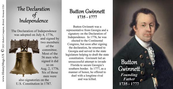 Button Gwinnett, Declaration of Independence signatory biographical history mug tri-panel.