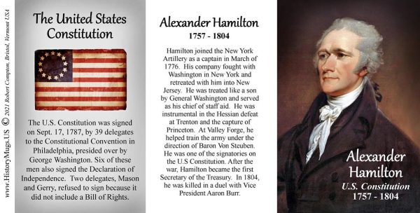Alexander Hamilton, US Constitution signatory biographical history mug tri-panel.