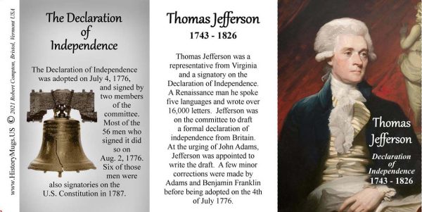 Thomas Jefferson, Declaration of Independence signatory biographical history mug tri-panel.