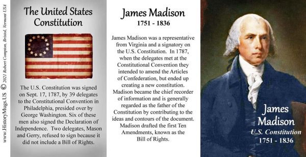 James Madison, US Constitution signatory biographical history mug tri-panel.