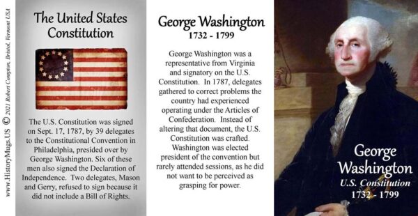 George Washington, US Constitution signatory biographical history mug tri-panel.