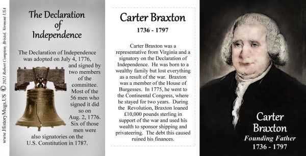 Carter Braxton, Declaration of Independence signatory biographical history mug tri-panel.