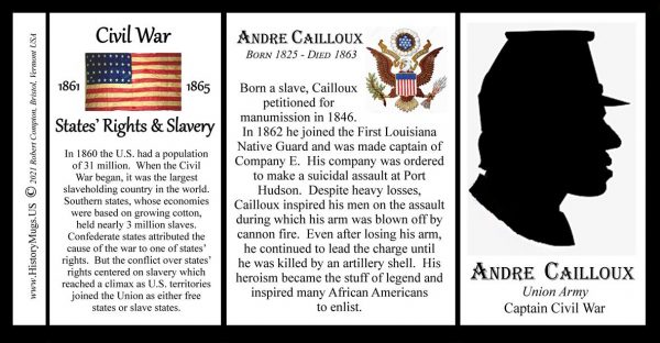 Andre Cailloux, Union Army, US Civil War biographical history mug tri-panel.