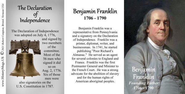 Benjamin Franklin, Declaration of Independence signatory biographical history mug tri-panel.