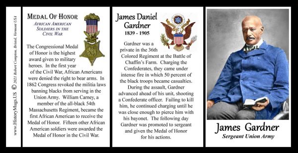 James Daniel Gardner, Medal of Honor Union Army, US Civil War biographical history mug tri-panel.