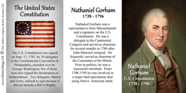 Nathaniel Gorham, US Constitution signatory biographical history mug tri-panel.