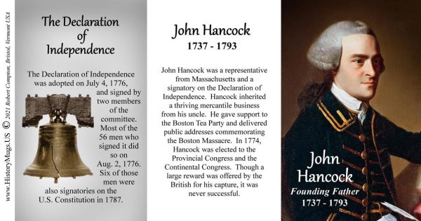 John Hancock, Declaration of Independence signatory biographical history mug tri-panel.