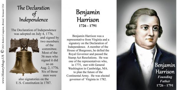 Benjamin Harrison, Declaration of Independence signatory biographical history mug tri-panel.