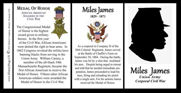 Miles James, Medal of Honor, US Civil War biographical history mug tri-panel.
