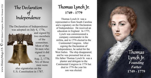 Thomas Lynch Jr, Declaration of Independence signatory biographical history mug tri-panel.
