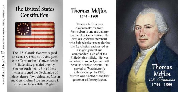 Thomas Mifflin, US Constitution signatory biographical history mug tri-panel.