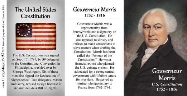 Gouverneur Morris, US Constitution signatory biographical history mug tri-panel.