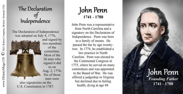 John Penn, Declaration of Independence signatory biographical history mug tri-panel.