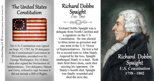 Richard Dobbs Spaight, US Constitution signatory biographical history mug tri-panel.