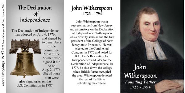 John Witherspoon, Declaration of Independence signatory biographical history mug tri-panel.