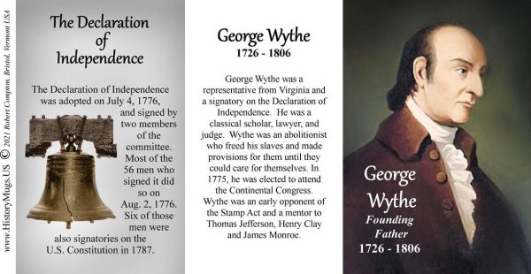George Wythe, Declaration of Independence signatory biographical history mug tri-panel.
