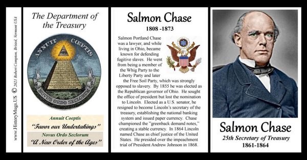 Salmon P. Chase, 25th US Secretary of Treasury biographical history mug tri-panel.