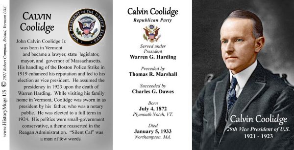 Calvin Coolidge, US President biographical history mug tri-panel.