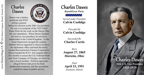 Charles Dawes, US Vice President biographical history mug tri-panel.