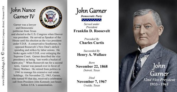 John Garner, US Vice President biographical history mug tri-panel.