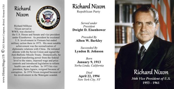 Richard Nixon, US Vice President biographical history mug tri-panel.