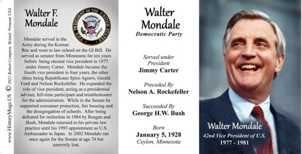Walter Mondale, US Vice President biographical history mug tri-panel.