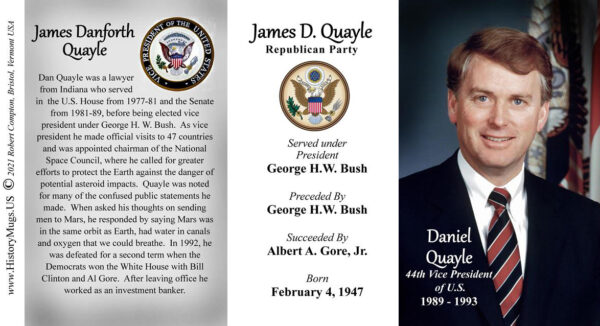 Dan Quayle, US Vice President biographical history mug tri-panel.