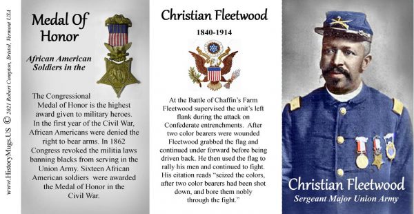 Christian Fleetwood, Medal of Honor, US Civil War biographical history mug tri-panel.