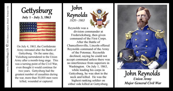 Major John Reynolds, Union Army, US Civil War Gettysburg biographical history mug tri-panel.