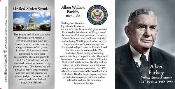 Alben Barkley, US Senator biographical history mug tri-panel.