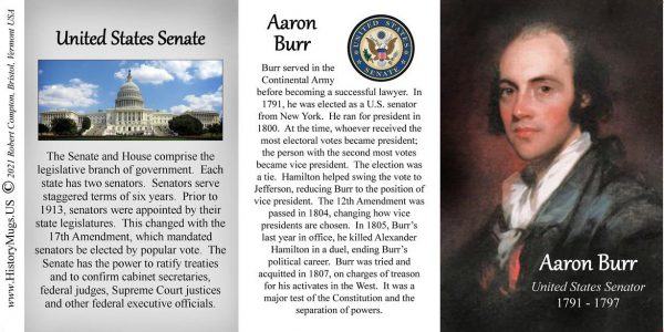 Aaron Burr, US Senator biographical history mug tri-panel.