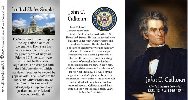 John C. Calhoun, US Senator biographical history mug tri-panel.